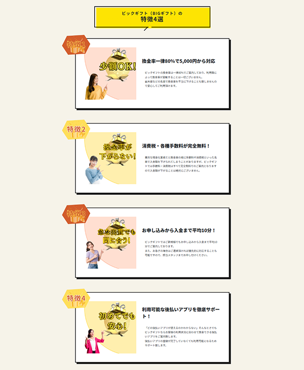 ビックギフト 現金化サービスの特徴