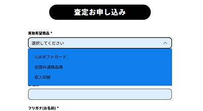 買取金魚 公式サイトの査定お申し込みフォームにある買取希望商品選択欄